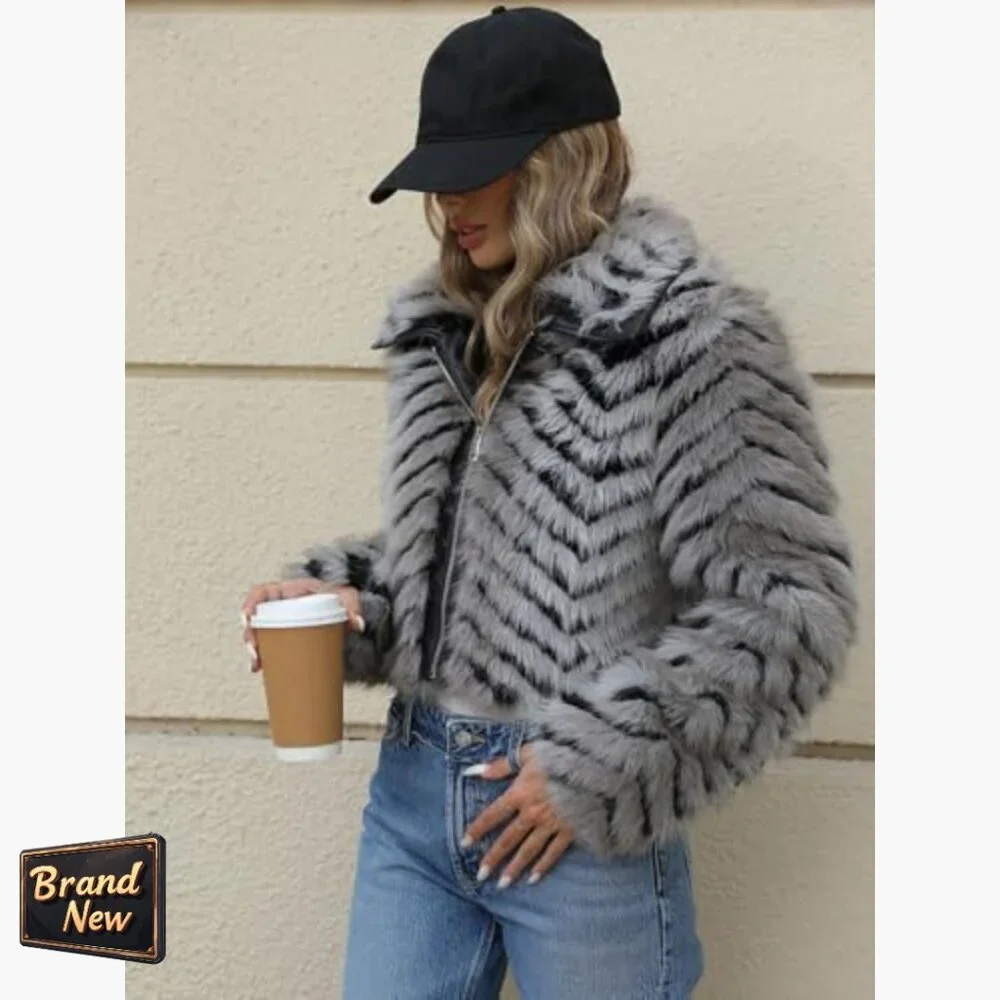 Faux Fur Leather Jacket Cropped Fleece Coat Warm Fluffy Zip Outerwear - Picture 6 of 7